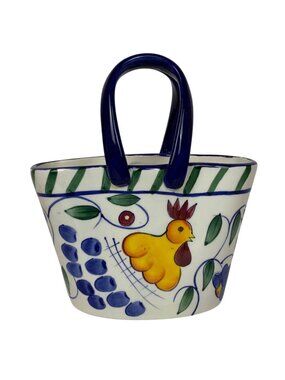 Style-Eyes By Baum Bros Hand-Painted Ceramic Basket Vase Fruit & Rooster Design